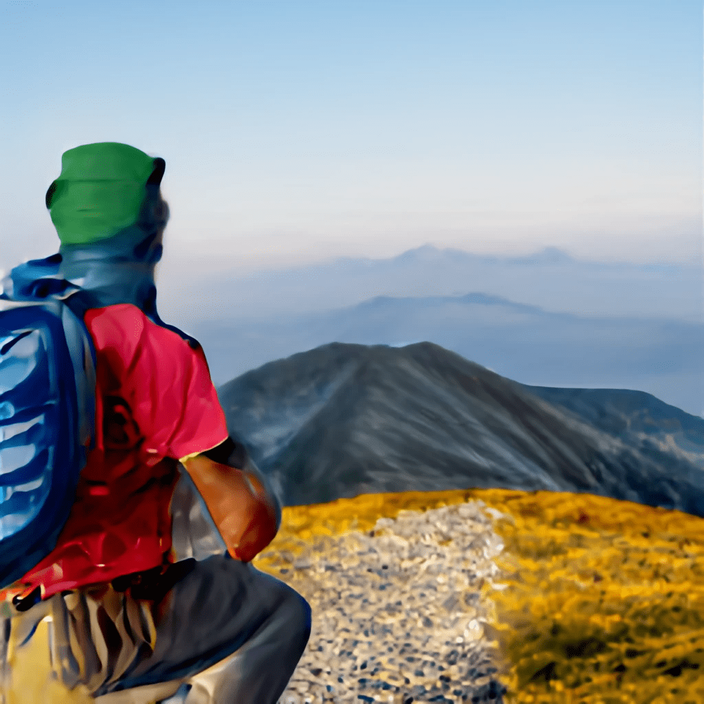 A man recalls the events of the year while looking at distant mountains while hiking