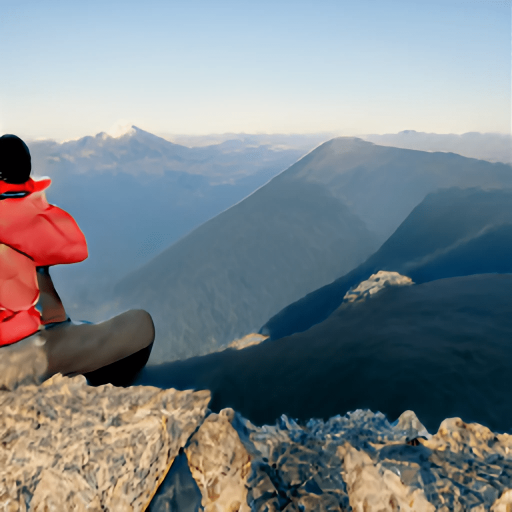 A man recalls the events of the year while looking at distant mountains while hiking