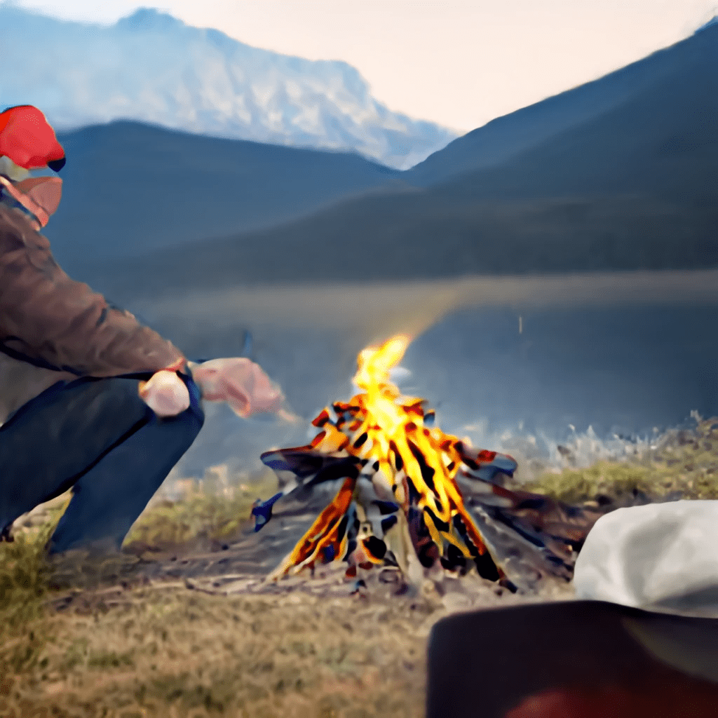 A man remembering the events of the year while looking at the mountains in the distance while making a fire at a campsite