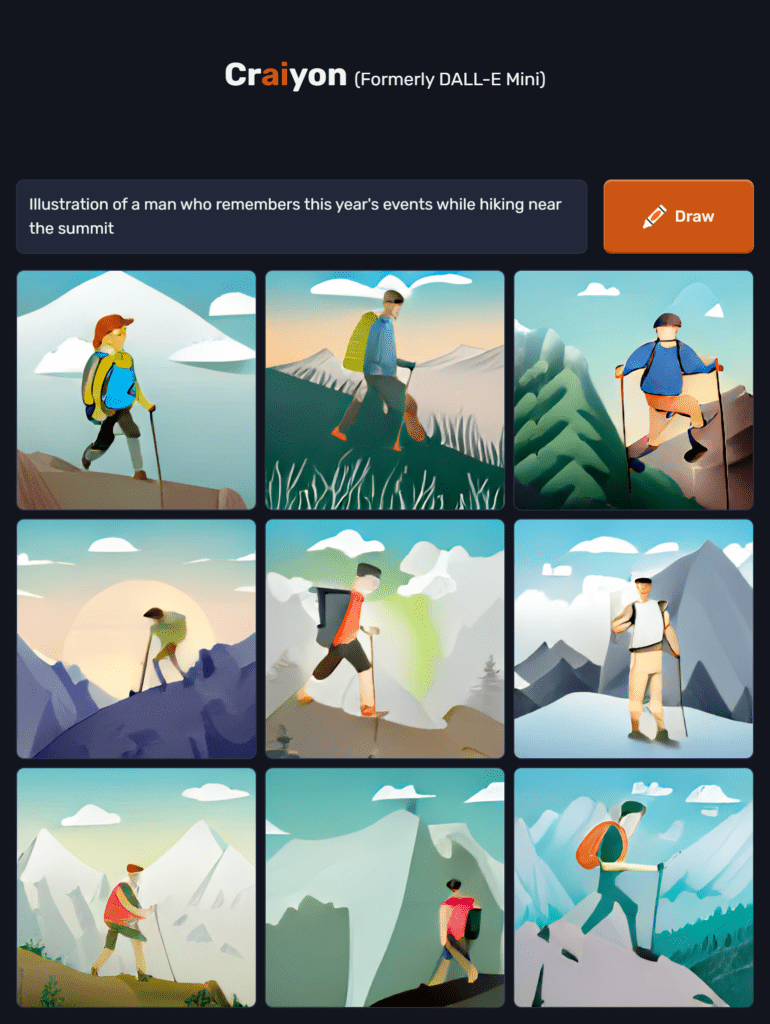 craiyon_134141_Illustration_of_a_man_who_remembers_this_year_s_events_while_hiking_near_the_summit