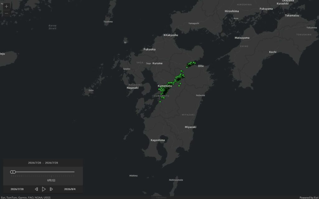 2016年の熊本地震の震源図(1000点)